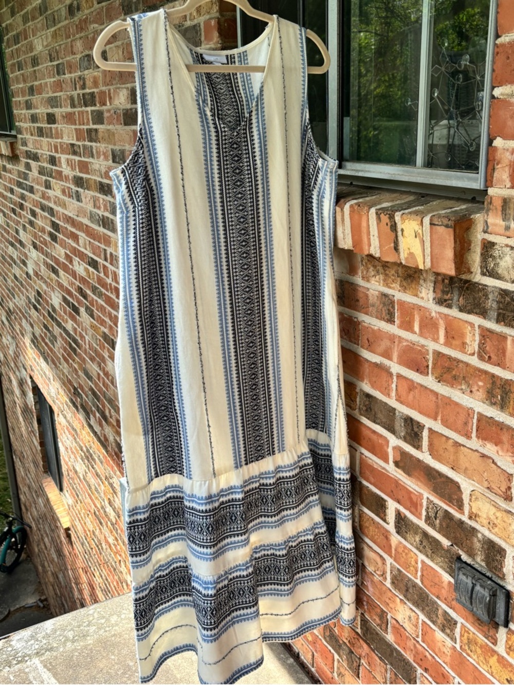 J.Jill Cotton Midi Dress, Off White ,Blue Embroidery.Double Ruffle Bottom Size L - Picture 8 of 11